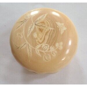 Vintage Italian Alabaster Round Hinged Ivory Trinket Box Flowers & Butterflies
